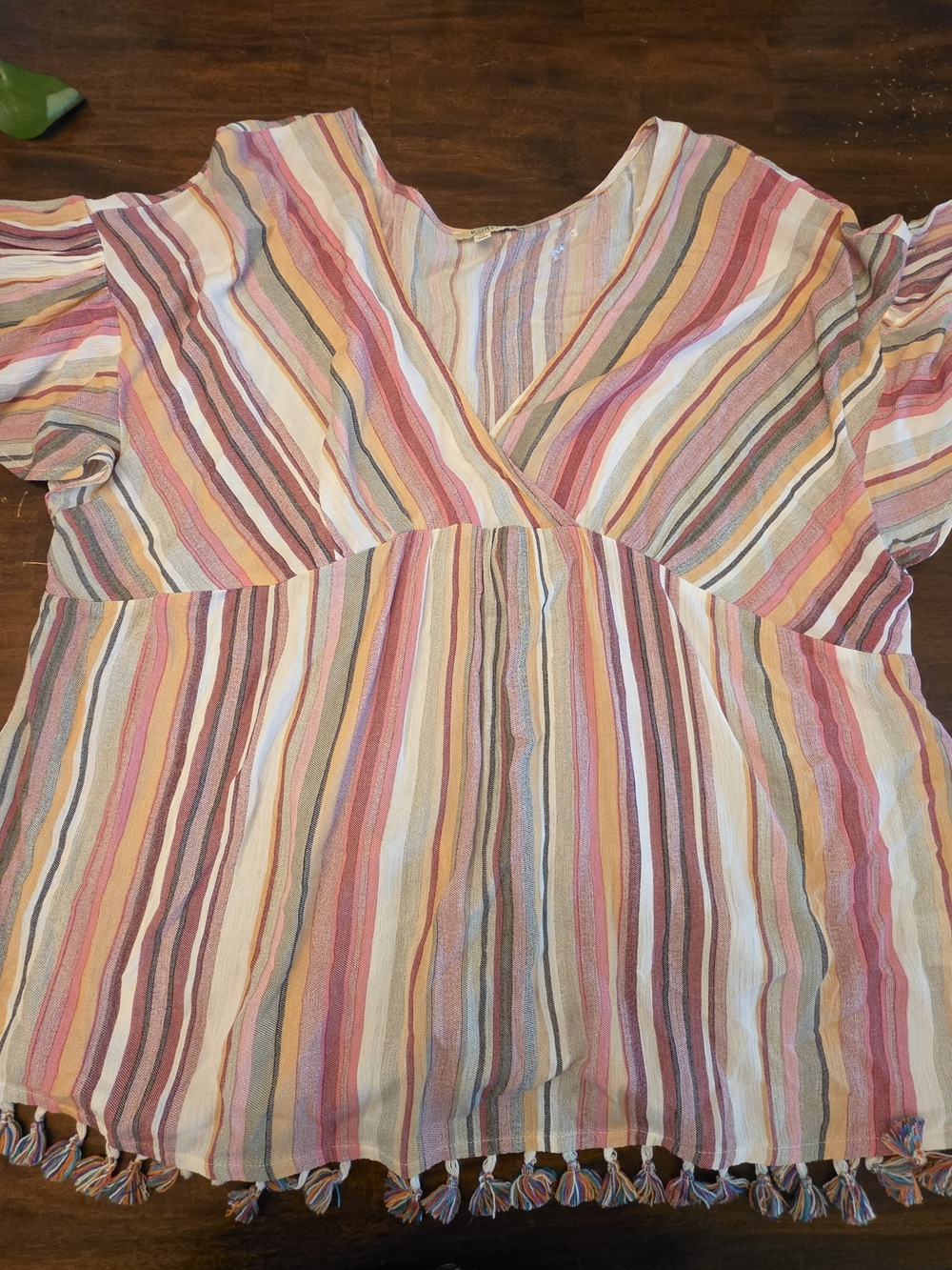 Kori America Plus Multi-Color Striped Fringed Babydoll Top